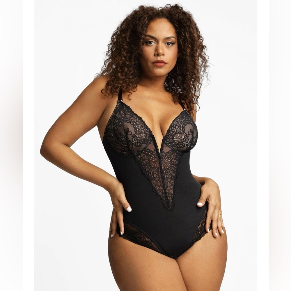 NWOT - Popilush- Black Lace Deep V Shapewear Bodysuit - Size L